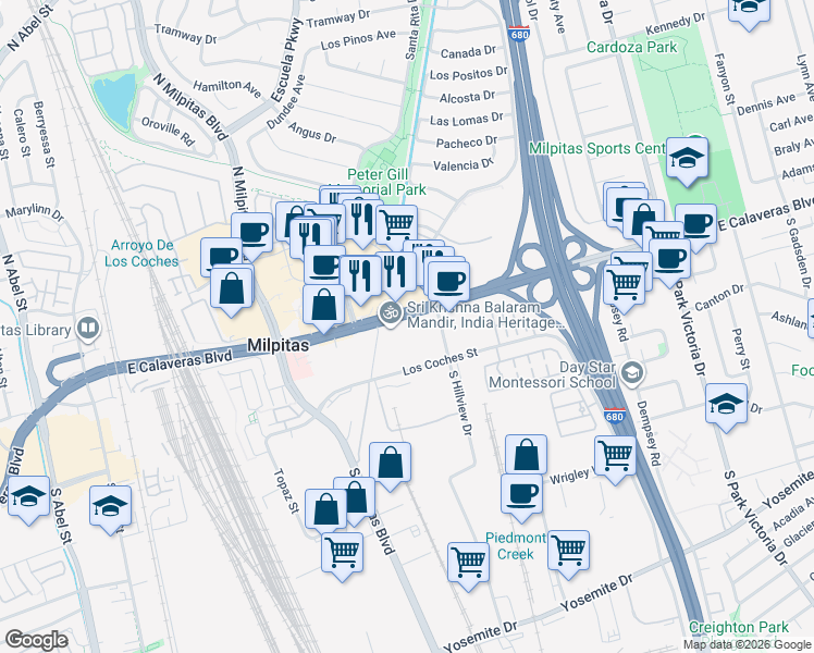 map of restaurants, bars, coffee shops, grocery stores, and more near 700 East Calaveras Boulevard in Milpitas