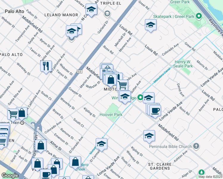 map of restaurants, bars, coffee shops, grocery stores, and more near in Palo Alto