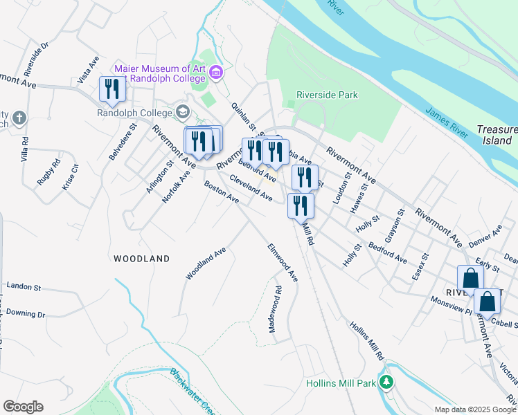 map of restaurants, bars, coffee shops, grocery stores, and more near 306 Boston Avenue in Lynchburg