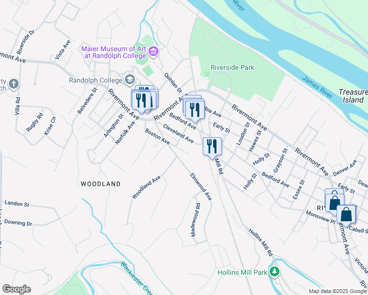 map of restaurants, bars, coffee shops, grocery stores, and more near 306 Boston Avenue in Lynchburg