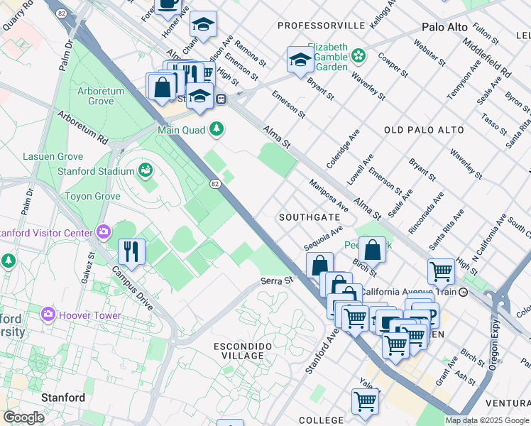 map of restaurants, bars, coffee shops, grocery stores, and more near 14 Churchill Avenue in Palo Alto