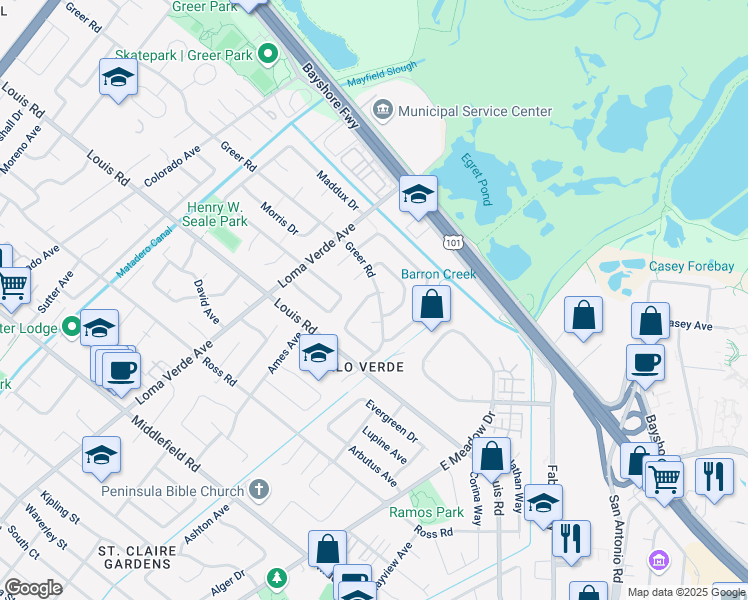 map of restaurants, bars, coffee shops, grocery stores, and more near 3407 Janice Way in Palo Alto