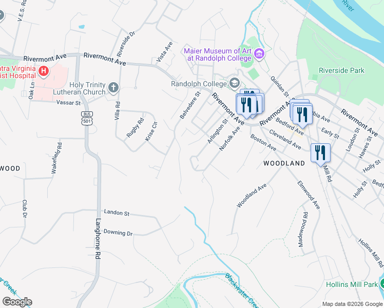 map of restaurants, bars, coffee shops, grocery stores, and more near 321 Arlington Street in Lynchburg