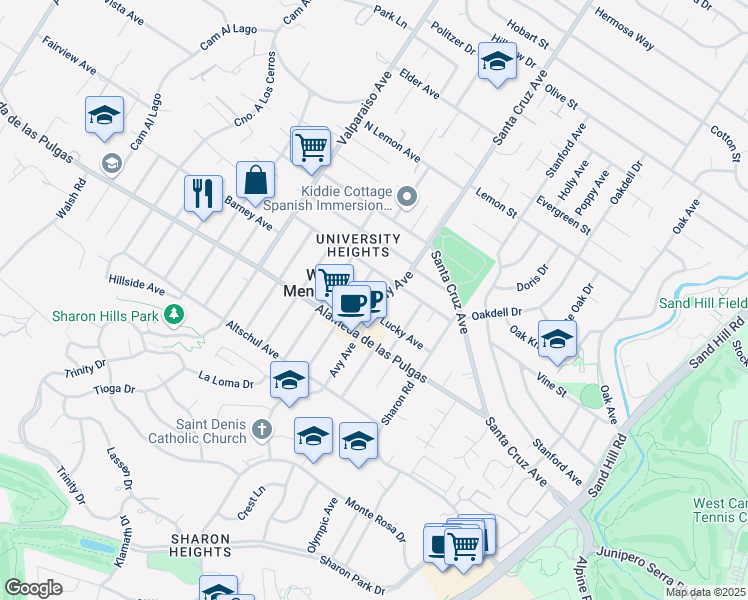 map of restaurants, bars, coffee shops, grocery stores, and more near 2045 Avy Avenue in Menlo Park