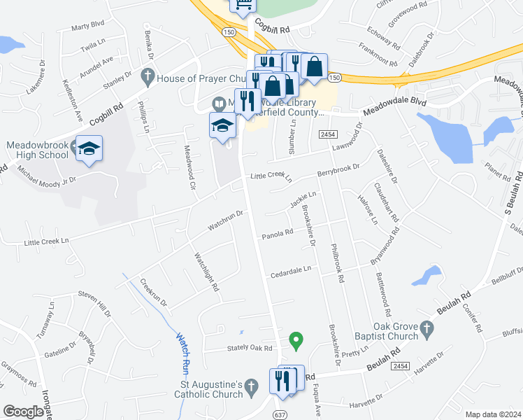 map of restaurants, bars, coffee shops, grocery stores, and more near 6321 Hopkins Road in Richmond