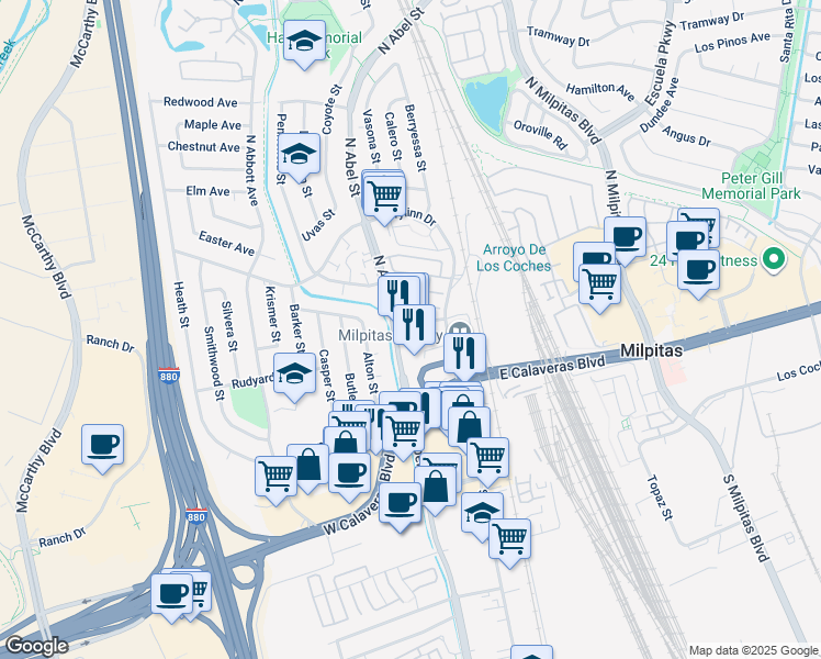 map of restaurants, bars, coffee shops, grocery stores, and more near 164 North Abel Street in Milpitas