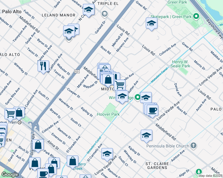 map of restaurants, bars, coffee shops, grocery stores, and more near Middlefield Road & Colorado Avenue in Palo Alto