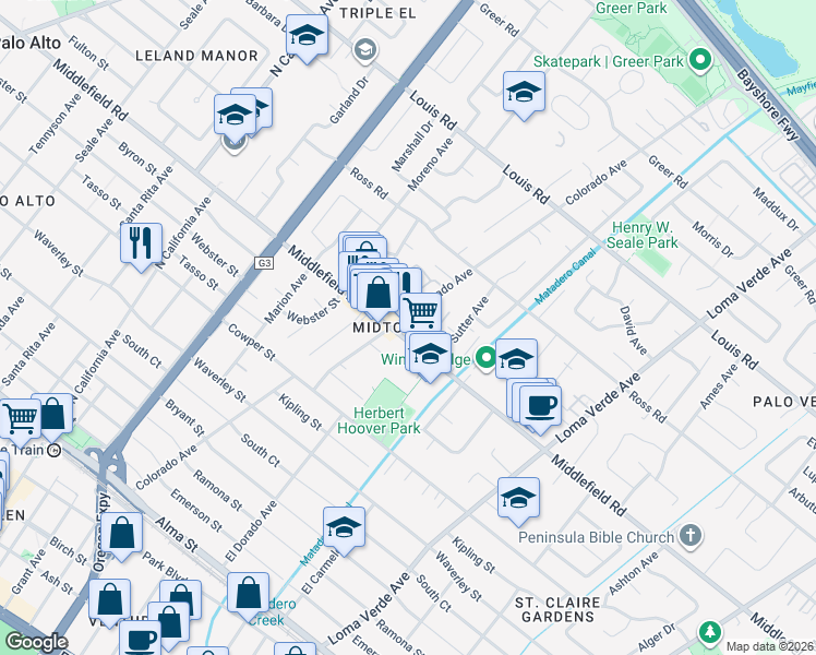 map of restaurants, bars, coffee shops, grocery stores, and more near in Palo Alto