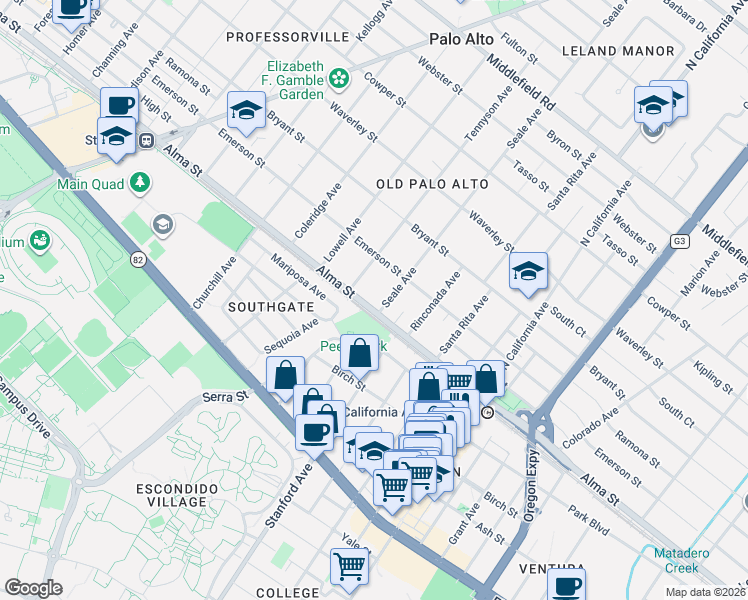 map of restaurants, bars, coffee shops, grocery stores, and more near 113 Seale Avenue in Palo Alto