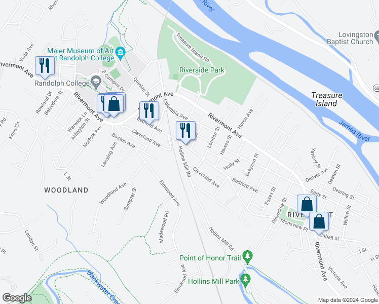 map of restaurants, bars, coffee shops, grocery stores, and more near 2125 Bedford Avenue in Lynchburg