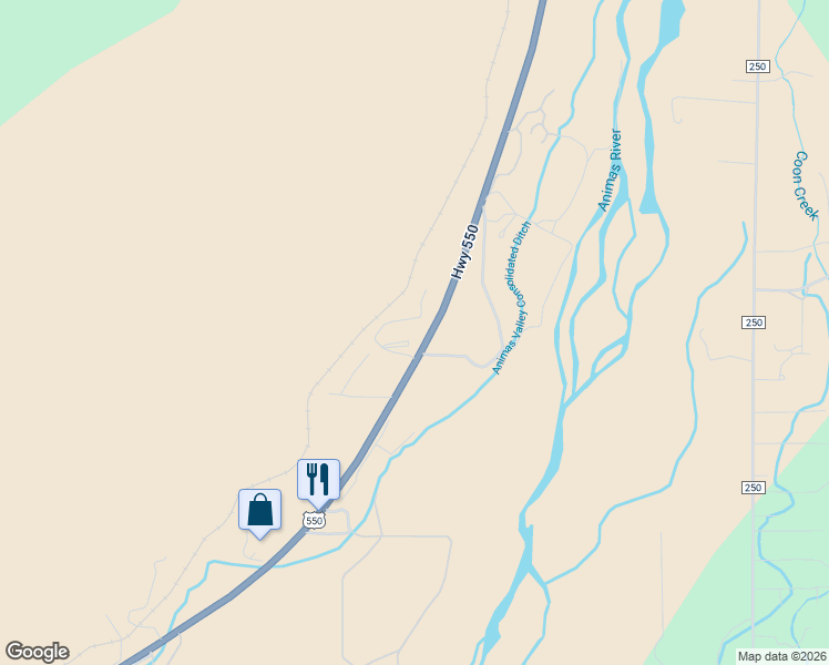 map of restaurants, bars, coffee shops, grocery stores, and more near 34337-34349 U.S. 550 in Durango