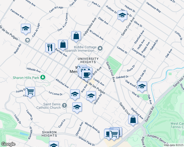 map of restaurants, bars, coffee shops, grocery stores, and more near 2045 Avy Avenue in Menlo Park