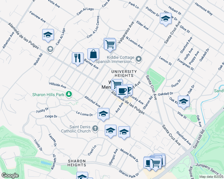 map of restaurants, bars, coffee shops, grocery stores, and more near 3455 Alameda de las Pulgas in Menlo Park