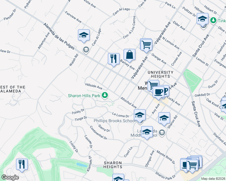 map of restaurants, bars, coffee shops, grocery stores, and more near 1485 Altschul Avenue in Menlo Park