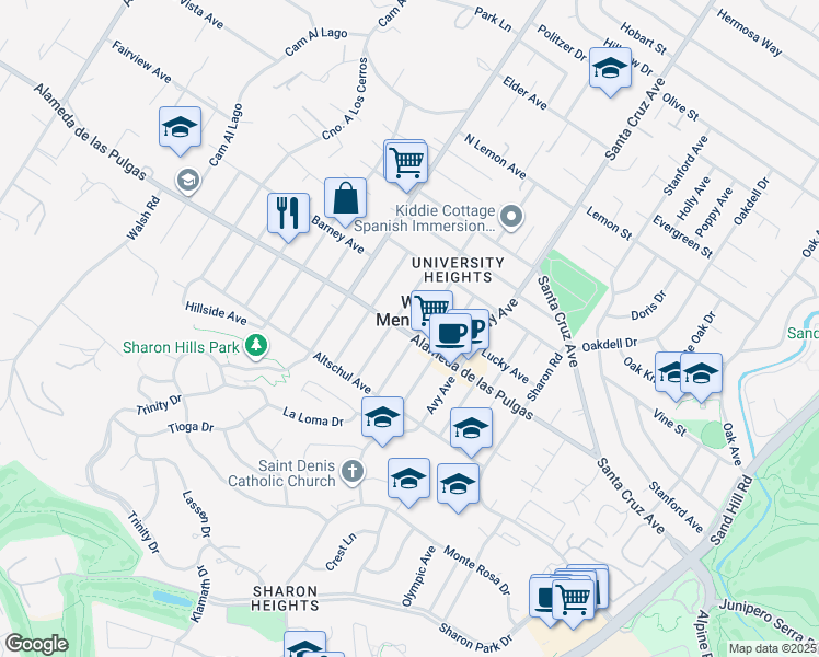 map of restaurants, bars, coffee shops, grocery stores, and more near 3485 Alameda de las Pulgas in Menlo Park