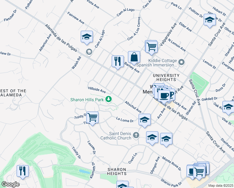 map of restaurants, bars, coffee shops, grocery stores, and more near 1485 Altschul Avenue in Menlo Park