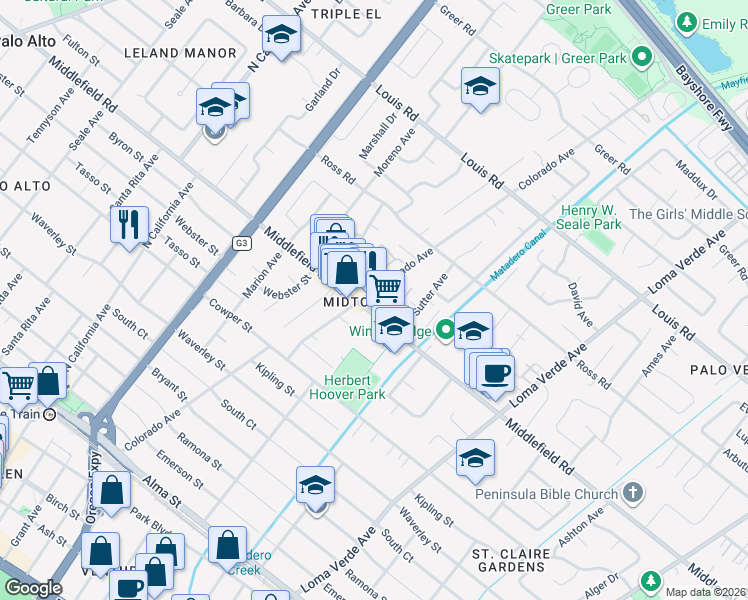 map of restaurants, bars, coffee shops, grocery stores, and more near 706 Colorado Avenue in Palo Alto