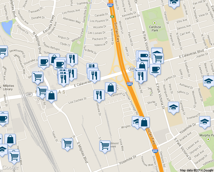 map of restaurants, bars, coffee shops, grocery stores, and more near 86 Pimentel Circle in Milpitas