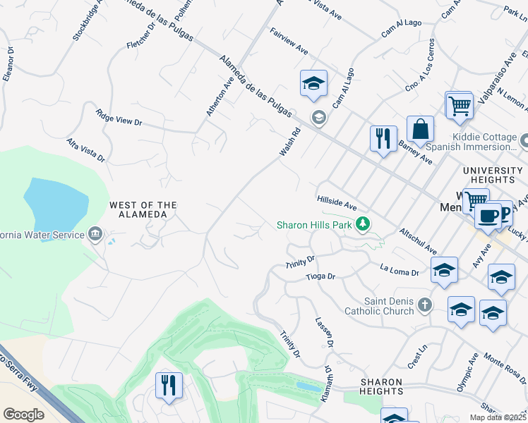 map of restaurants, bars, coffee shops, grocery stores, and more near 95 Tallwood Court in Atherton