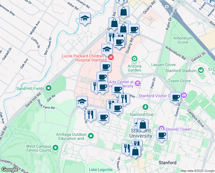 map of restaurants, bars, coffee shops, grocery stores, and more near 300 Pasteur Drive in Palo Alto