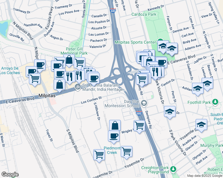 map of restaurants, bars, coffee shops, grocery stores, and more near Castillo Lane in Milpitas