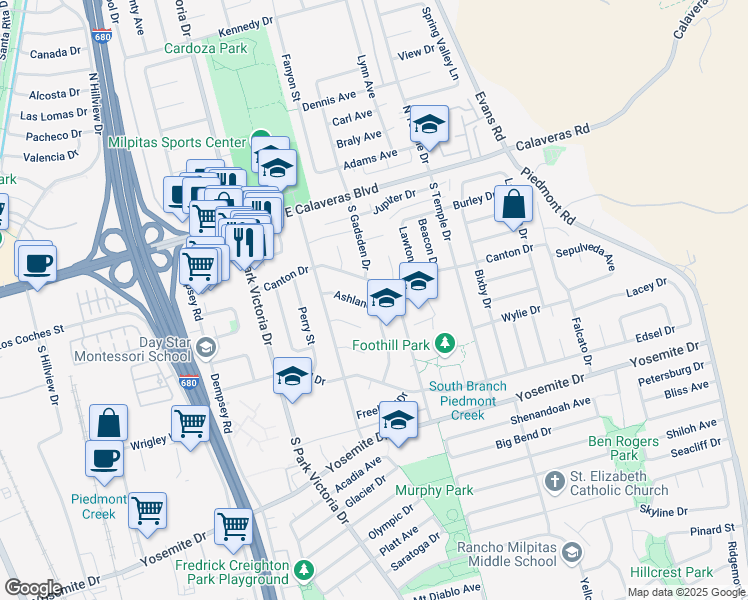 map of restaurants, bars, coffee shops, grocery stores, and more near 280 Monmouth Drive in Milpitas