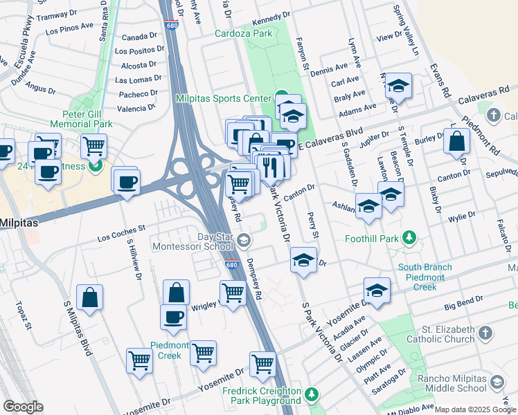 map of restaurants, bars, coffee shops, grocery stores, and more near 204 Selwyn Drive in Milpitas