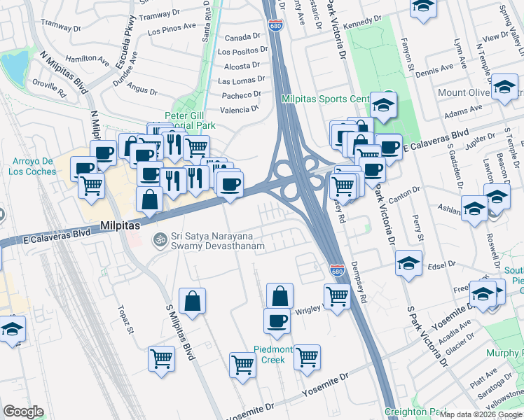 map of restaurants, bars, coffee shops, grocery stores, and more near 770 East Calaveras Boulevard in Milpitas