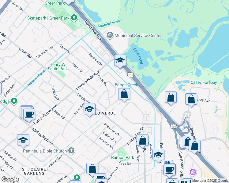 map of restaurants, bars, coffee shops, grocery stores, and more near 3469 Thomas Drive in Palo Alto