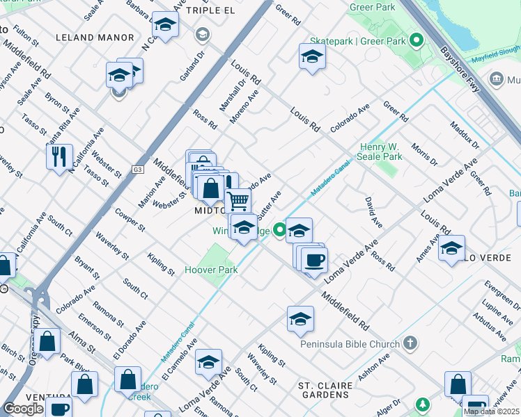 map of restaurants, bars, coffee shops, grocery stores, and more near 731 Ellsworth Place in Palo Alto