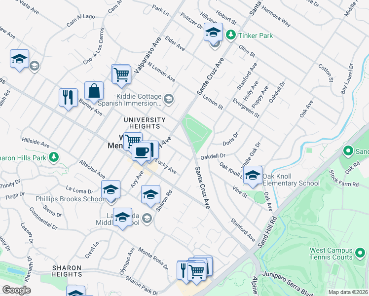 map of restaurants, bars, coffee shops, grocery stores, and more near 2000 Sharon Road in Menlo Park