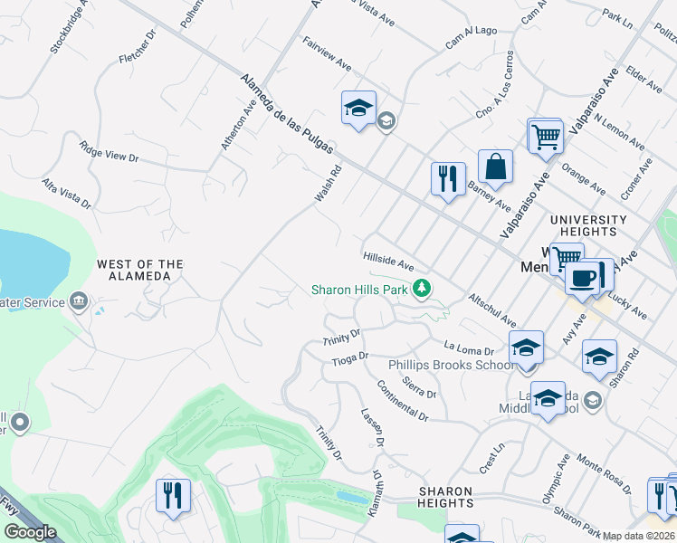 map of restaurants, bars, coffee shops, grocery stores, and more near 99 Tallwood Court in Atherton