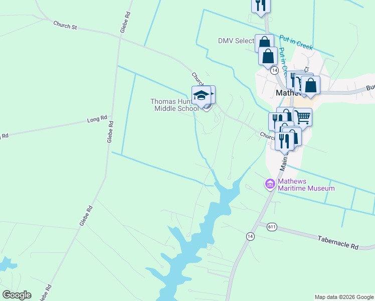 map of restaurants, bars, coffee shops, grocery stores, and more near Put-In-Creek Road in Mathews