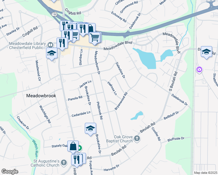 map of restaurants, bars, coffee shops, grocery stores, and more near 6210 Halrose Lane in Richmond