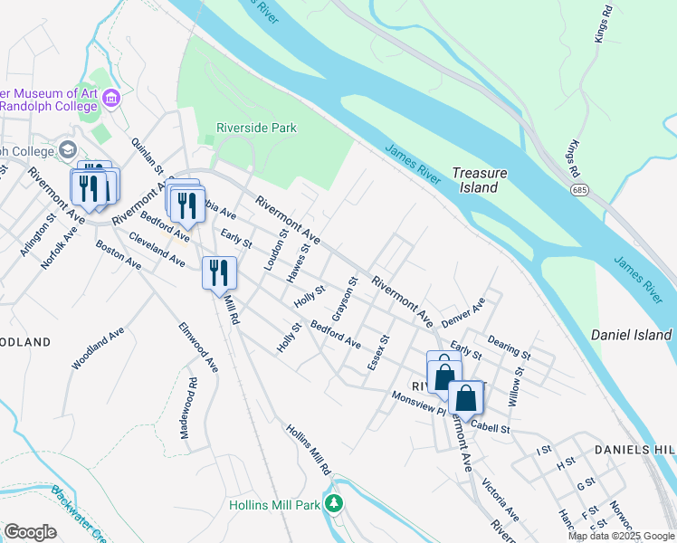 map of restaurants, bars, coffee shops, grocery stores, and more near 1720 Early Street in Lynchburg