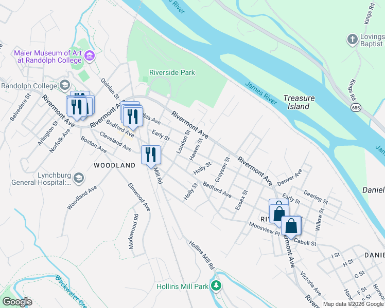 map of restaurants, bars, coffee shops, grocery stores, and more near 1914 Pansy Street in Lynchburg