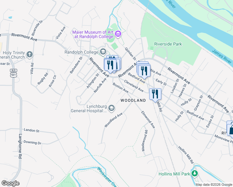 map of restaurants, bars, coffee shops, grocery stores, and more near 221 Kensington Avenue in Lynchburg