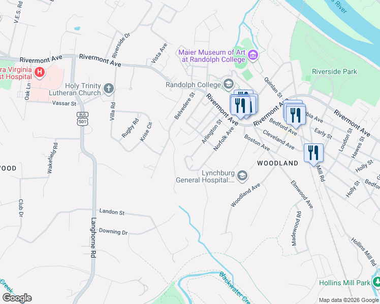 map of restaurants, bars, coffee shops, grocery stores, and more near 325 Arlington Street in Lynchburg