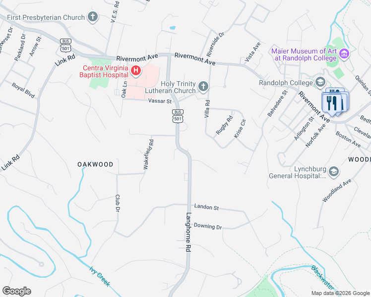 map of restaurants, bars, coffee shops, grocery stores, and more near 1361-1399 Langhorne Road in Lynchburg