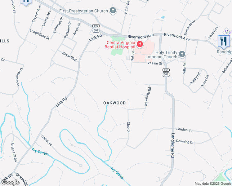 map of restaurants, bars, coffee shops, grocery stores, and more near in Lynchburg