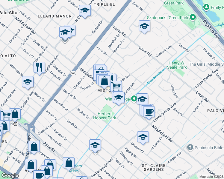 map of restaurants, bars, coffee shops, grocery stores, and more near 706 Colorado Avenue in Palo Alto