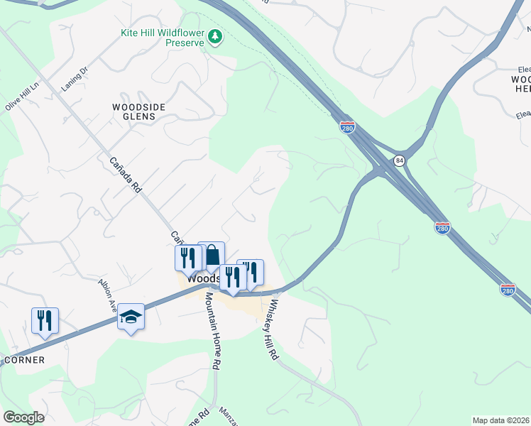 map of restaurants, bars, coffee shops, grocery stores, and more near 380 La Questa Way in Woodside