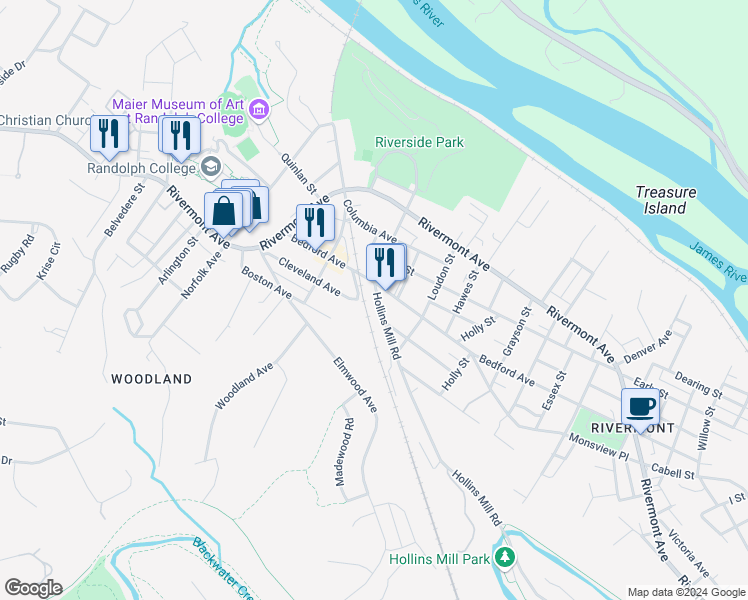 map of restaurants, bars, coffee shops, grocery stores, and more near 1901 Hollins Mill Road in Lynchburg