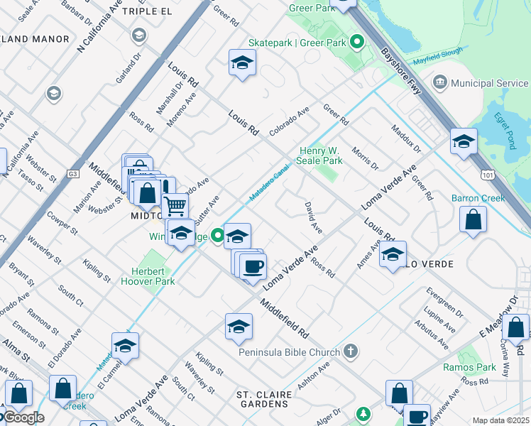 map of restaurants, bars, coffee shops, grocery stores, and more near 789 Stern Avenue in Palo Alto