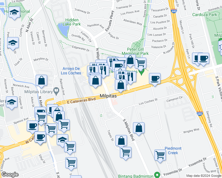 map of restaurants, bars, coffee shops, grocery stores, and more near 455 East Calaveras Boulevard in Milpitas