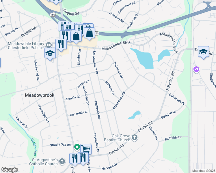 map of restaurants, bars, coffee shops, grocery stores, and more near 6210 Halrose Lane in Richmond