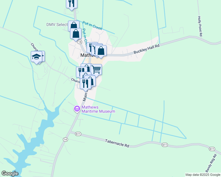 map of restaurants, bars, coffee shops, grocery stores, and more near Maple Avenue in Mathews