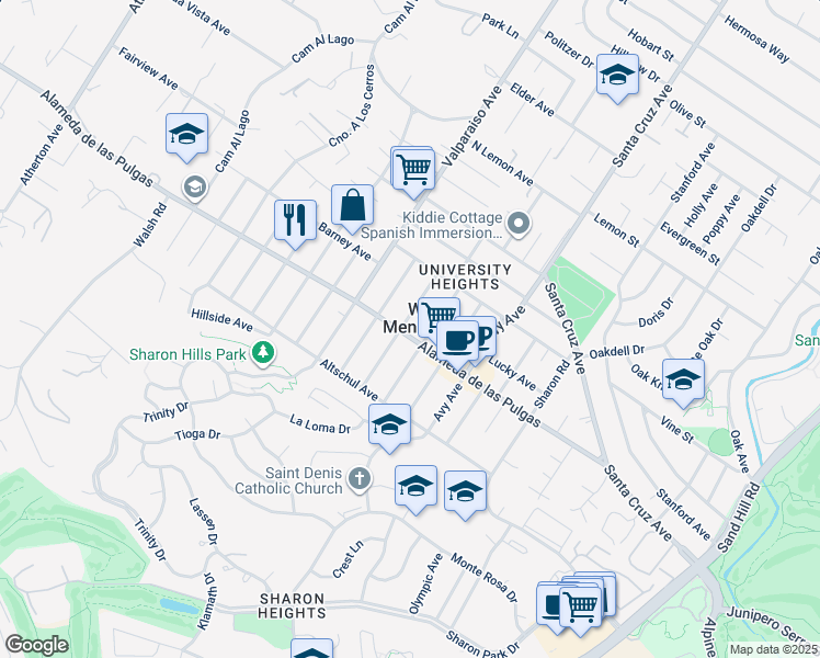 map of restaurants, bars, coffee shops, grocery stores, and more near 3455 Alameda de las Pulgas in Menlo Park