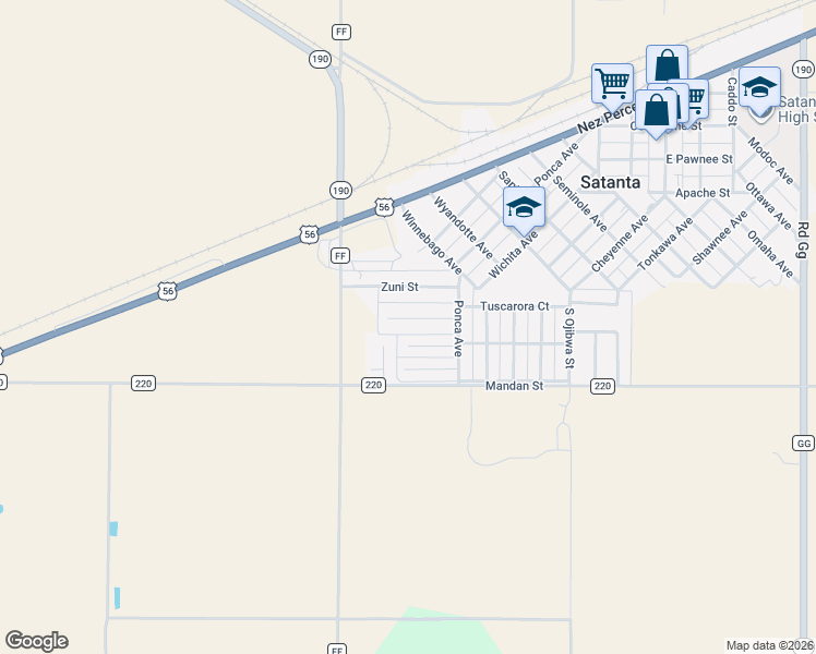 map of restaurants, bars, coffee shops, grocery stores, and more near 507 North Shoshone Court in Satanta
