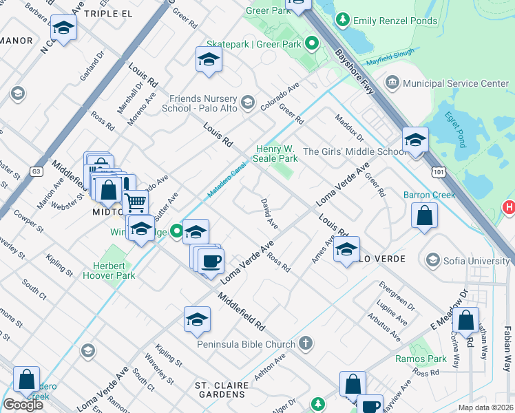 map of restaurants, bars, coffee shops, grocery stores, and more near 3129 Stelling Drive in Palo Alto